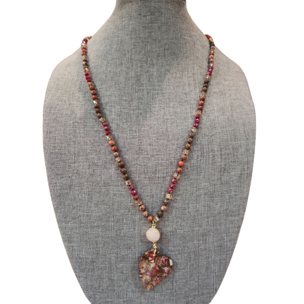 NECKLACE BOHEMIAN RED GLASS & STONE KNOTTED BEADS DRUZZY HEART PENDANT NECKLACE